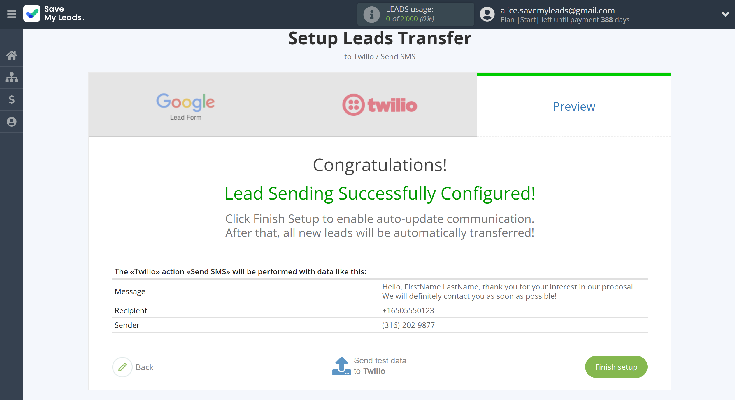 How to Connect Google Lead Form with Twilio | Test data