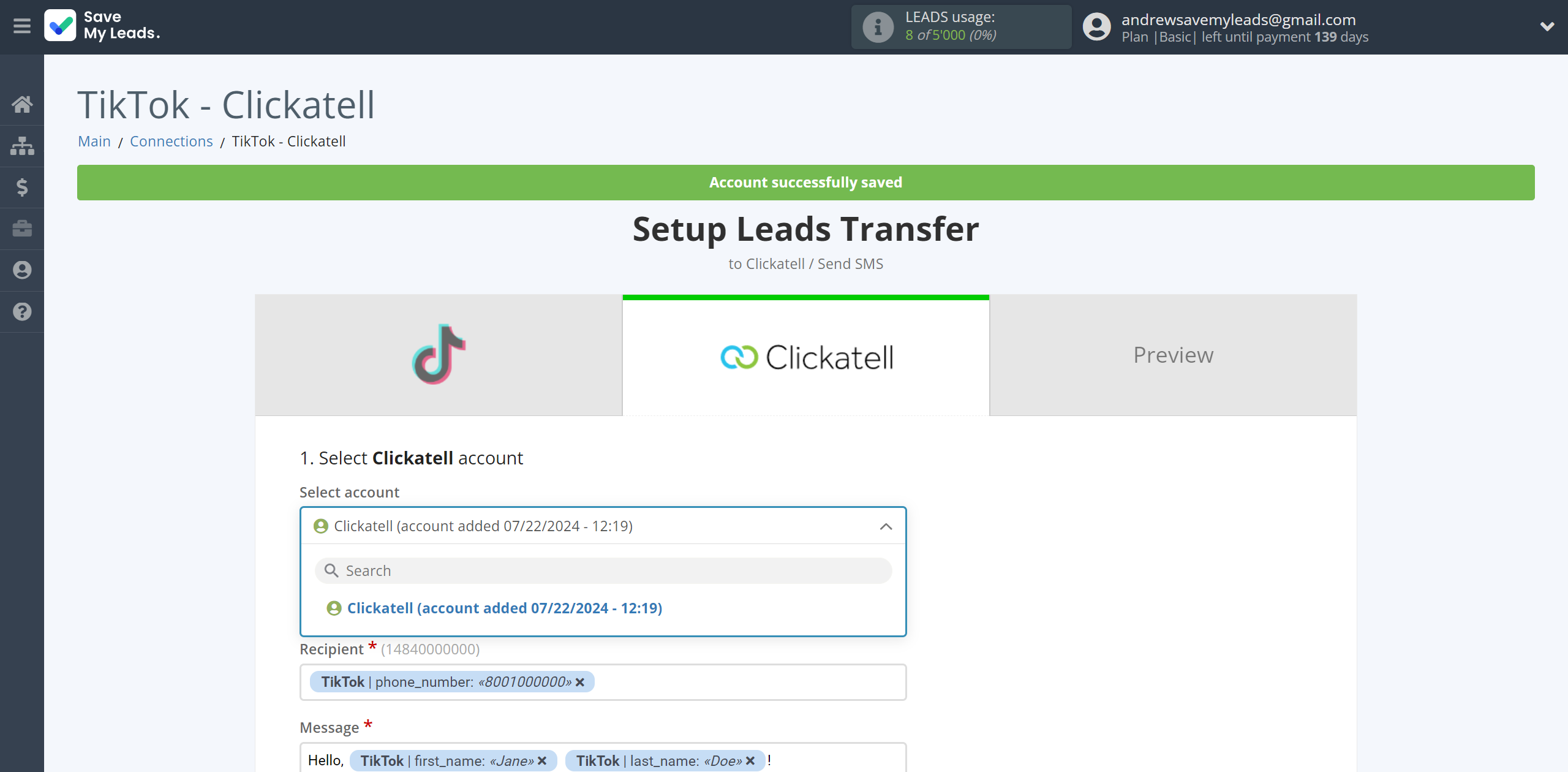 How to Connect TikTok with Clickatell | Data Destination account selection