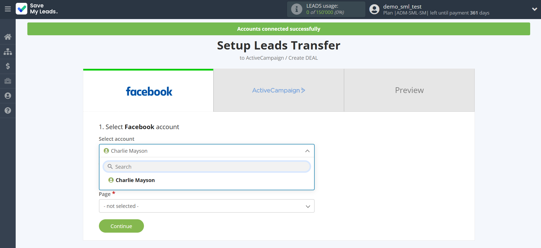 How to Connect Facebook with ActiveCampaign Create Deal | Data Source account selection