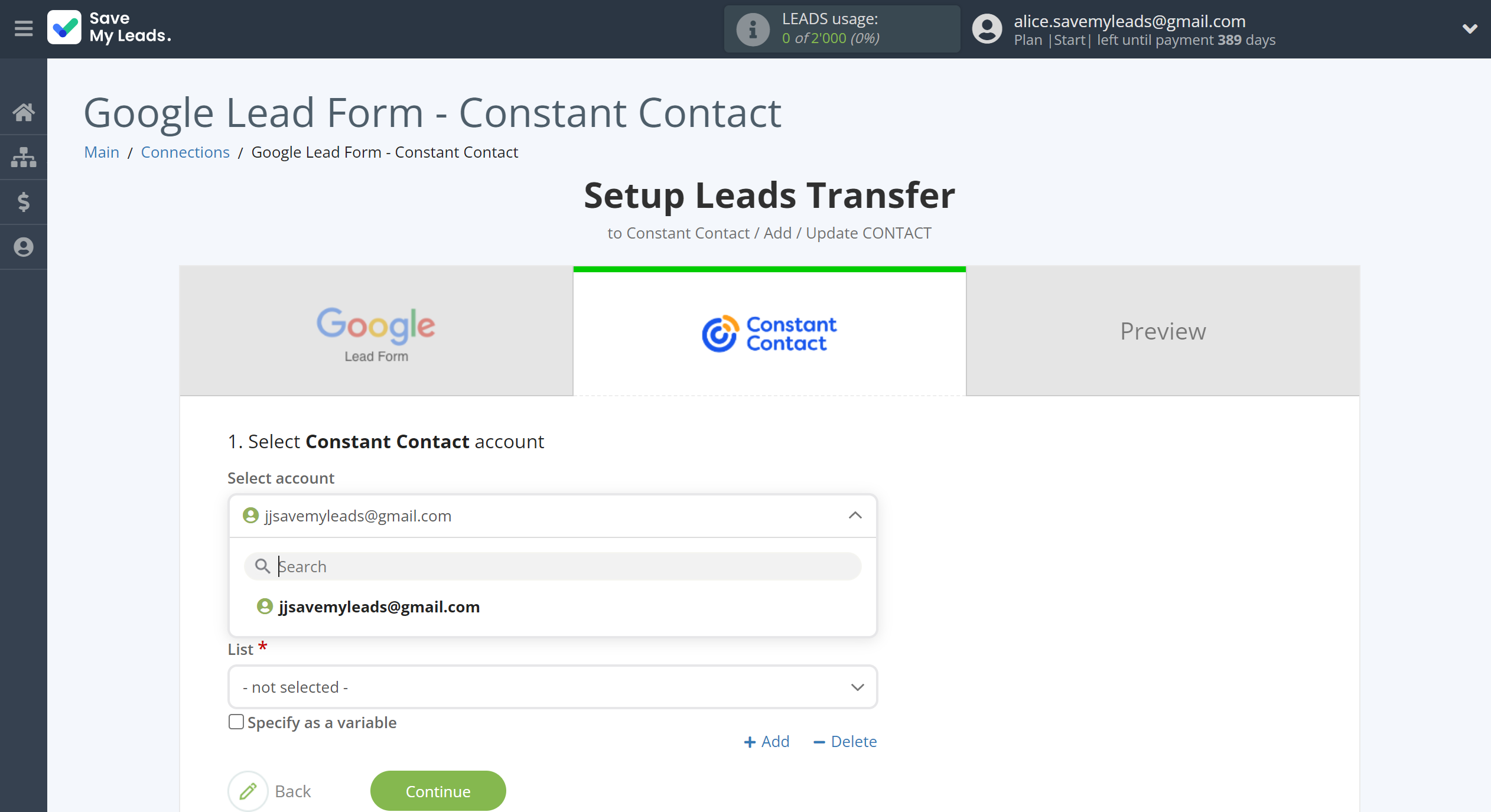How to Connect Google Lead Form with Constant Contact | Data Destination account selection