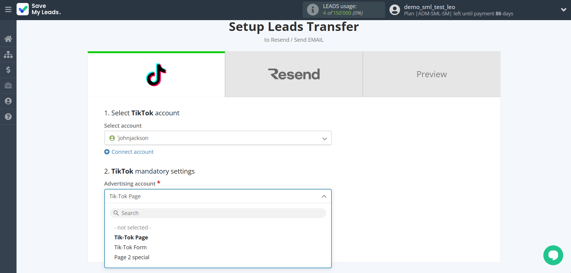 How to Connect TikTok with Resend (Send Email) | Data Source account connection