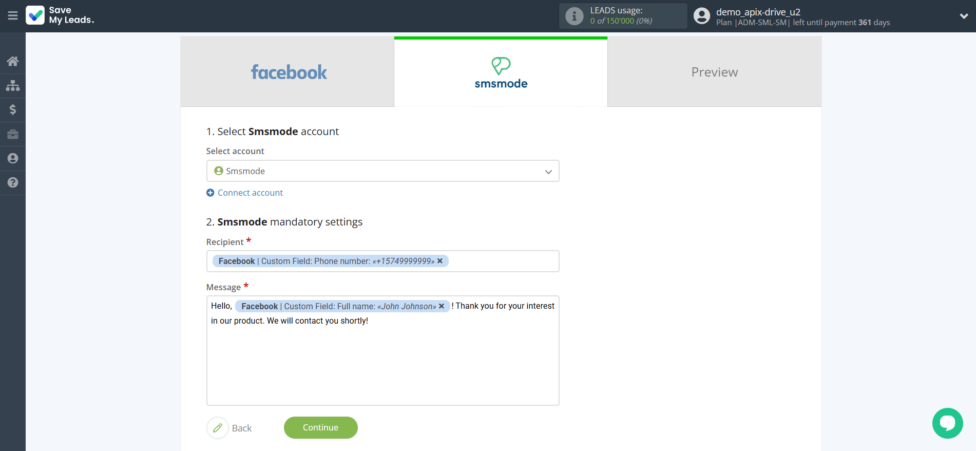 How to Connect Facebook with Smsmode | Assigning fields