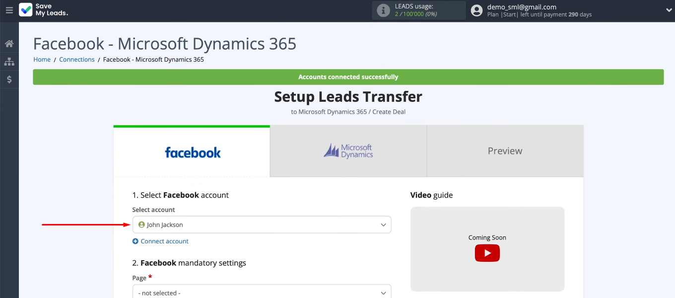 Facebook and Microsoft Dynamics 365 integration | Select the connected account