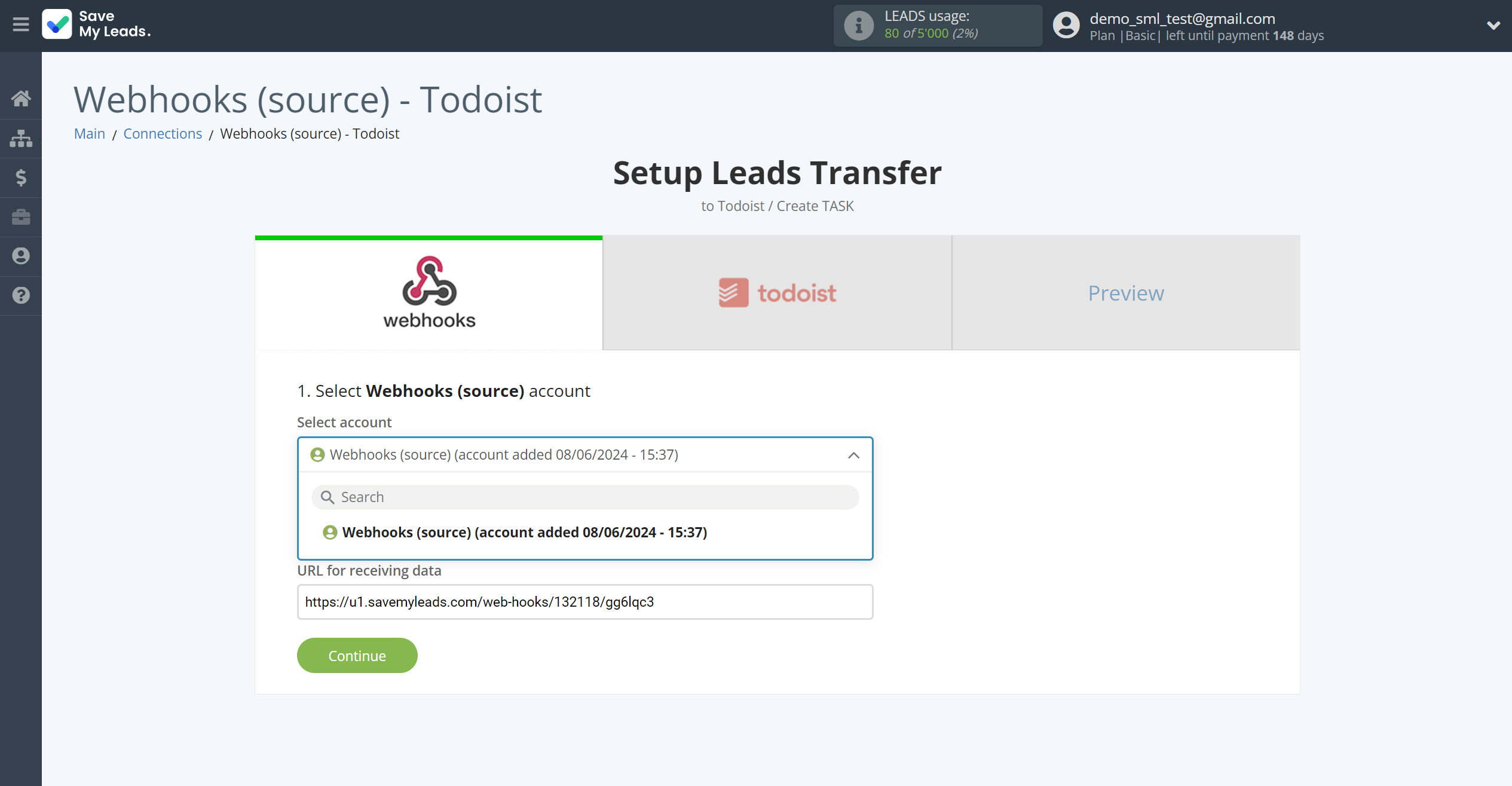 How to Connect Webhooks with Todoist | Data Source account connection