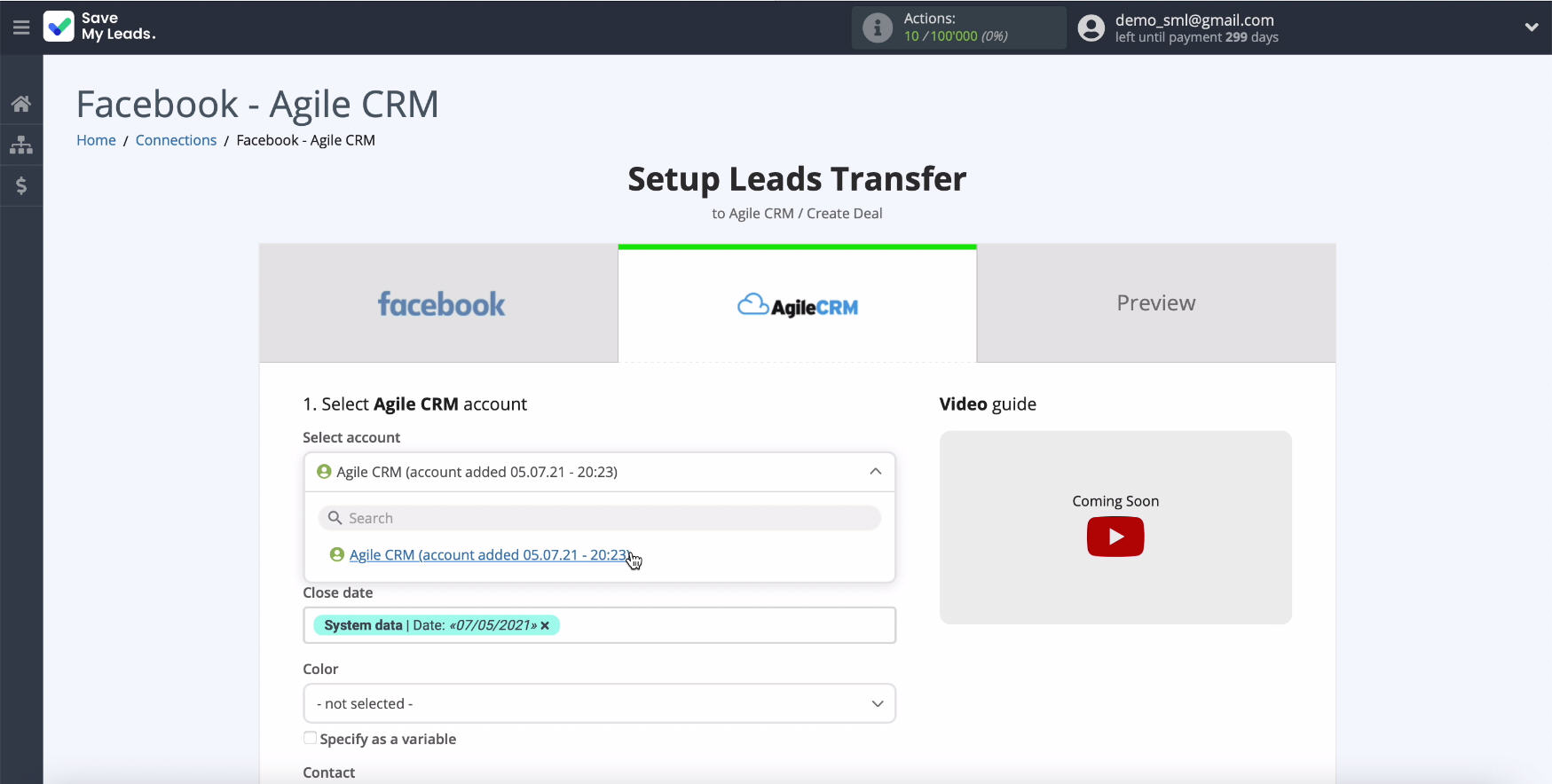 Facebook and AgileCRM integration | Select the connected account