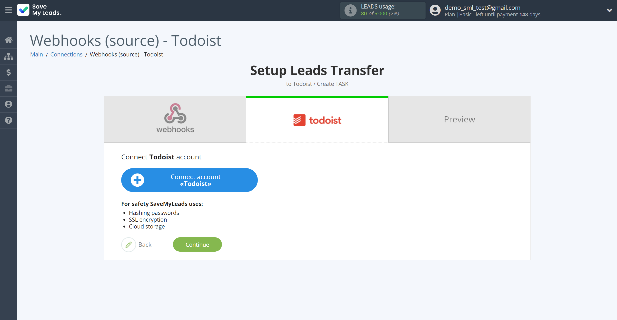 How to Connect Webhooks with Todoist | Data Destination account connection