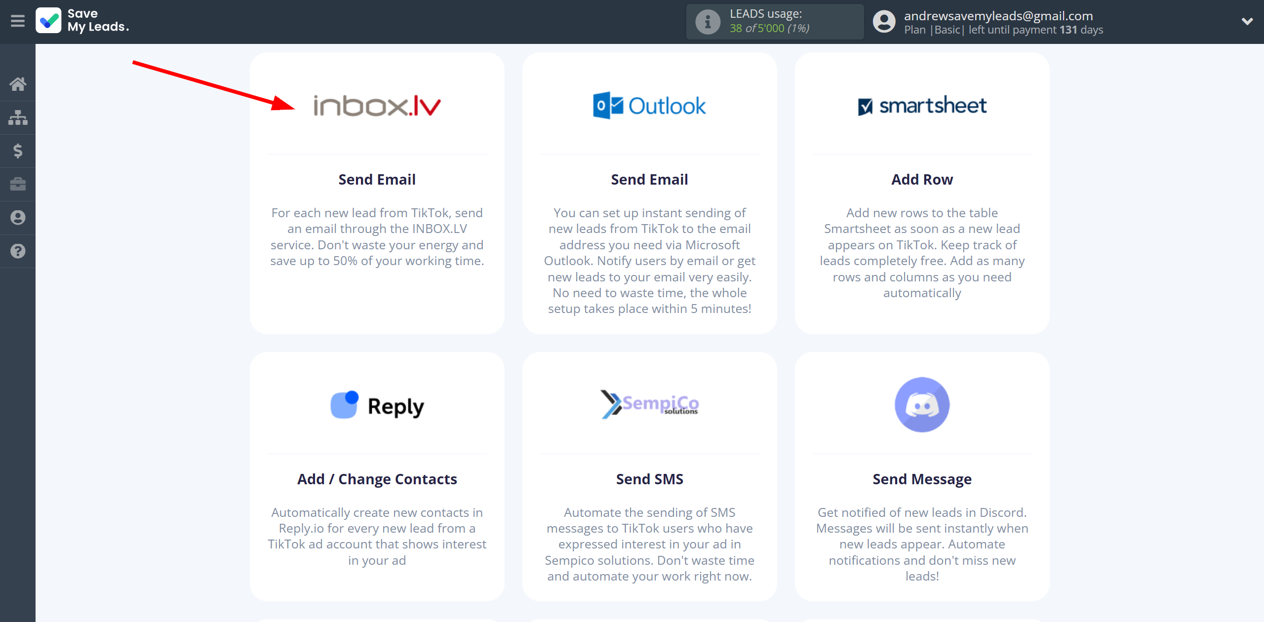 How to Connect TikTok with INBOX.LV | Data Destination system selection