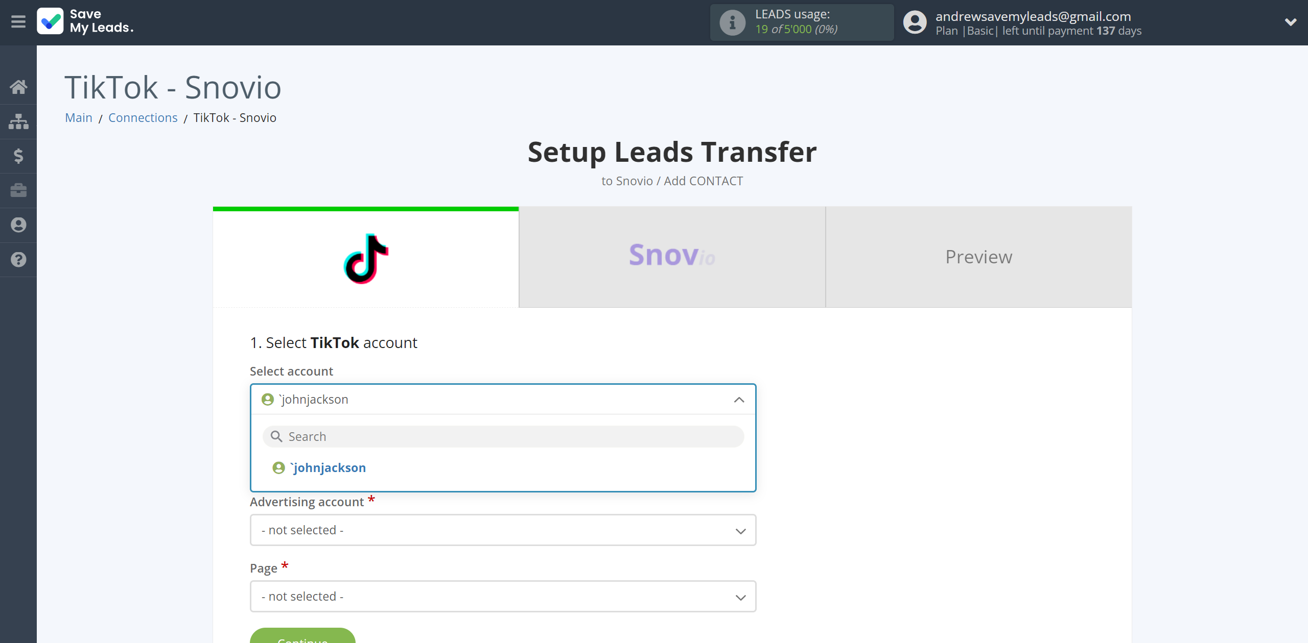 How to Connect TikTok with Snovio Add Contacts | Data Source account selection