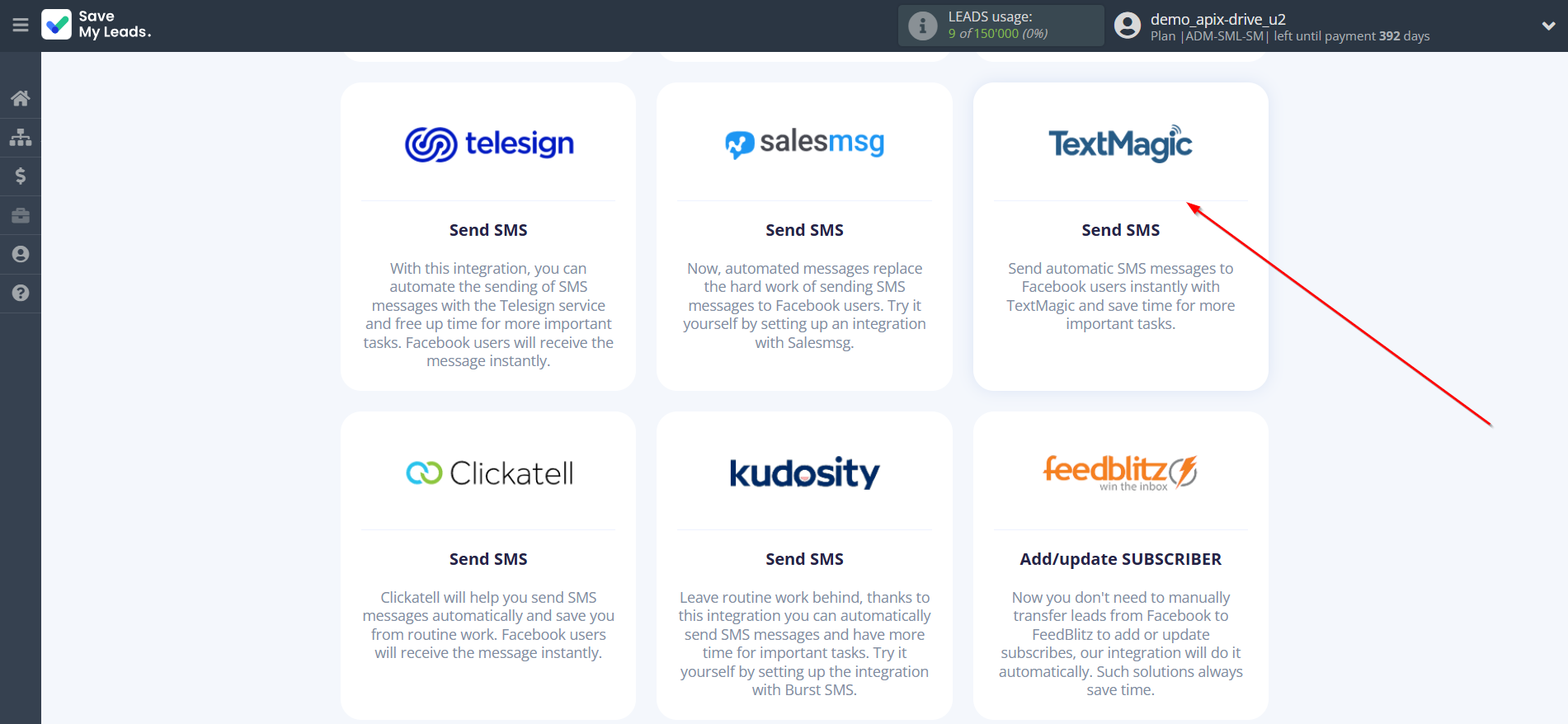 How to Connect Facebook with TextMagic | Data Destination system selection How to Connect Facebook with TextMagic | Data Destination system selection