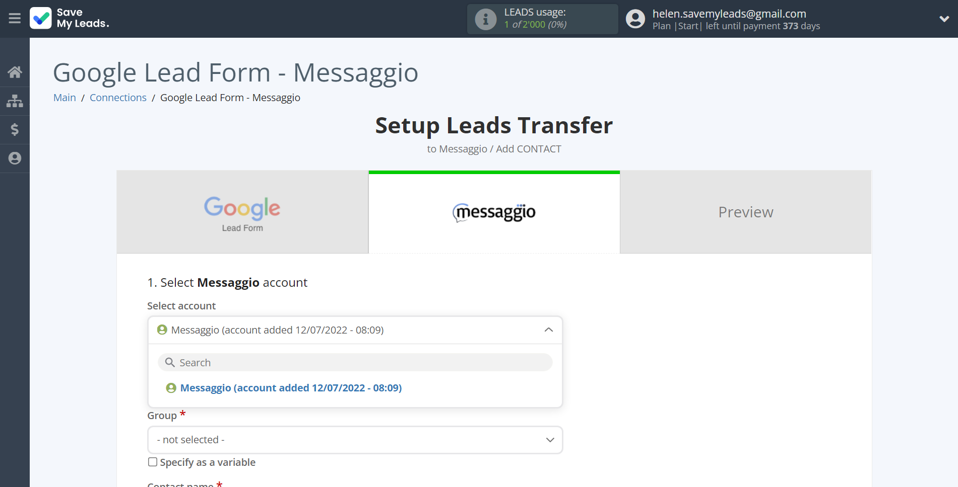 How to Connect Google Lead Form with Messaggio | Data Destination account selection