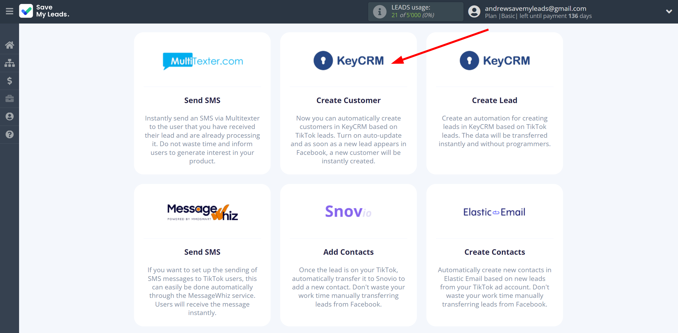 How to Connect TikTok with KeyCRM Create Customer | Data Destination system selection