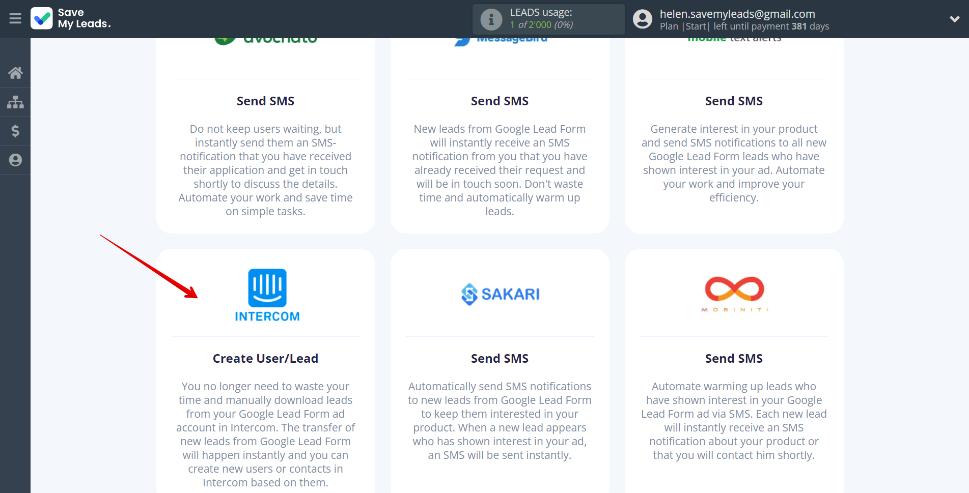 How to Connect Google Lead Form with Intercom | Data Destination system selection