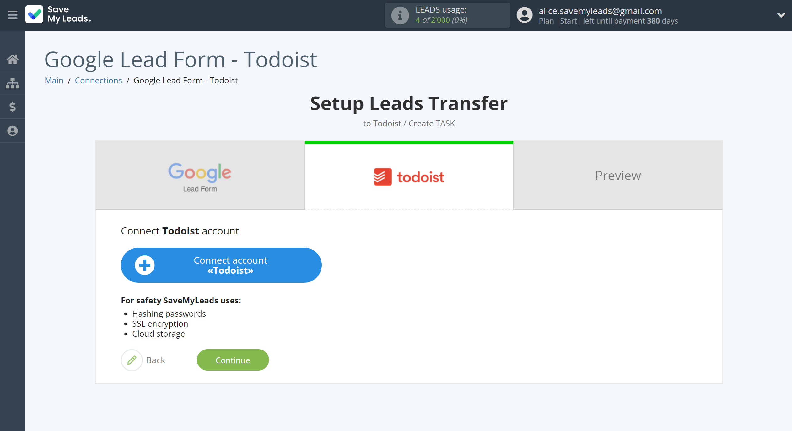 How to Connect Google Lead Form with Todoist | Data Destination account connection