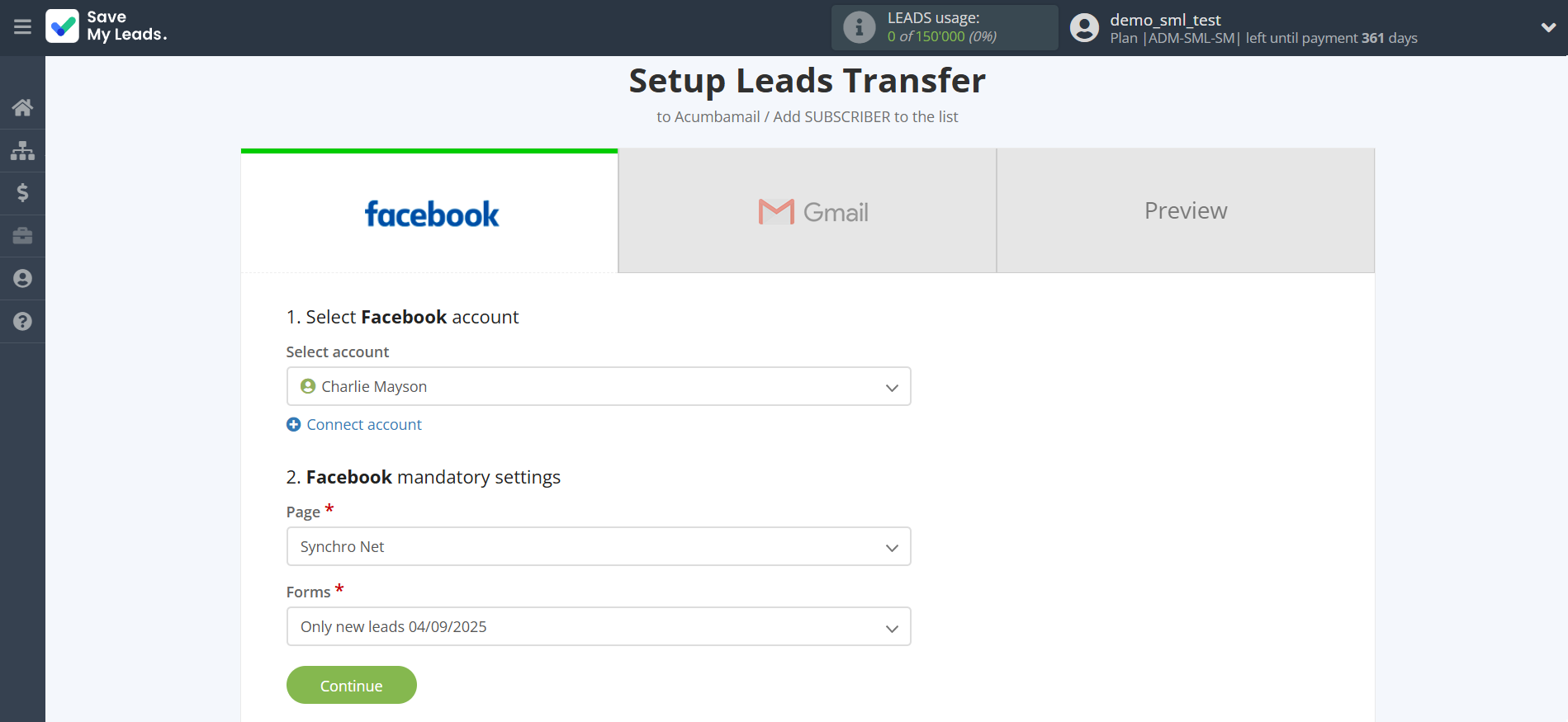 How to Connect Facebook with Gmail | Data Source account selection