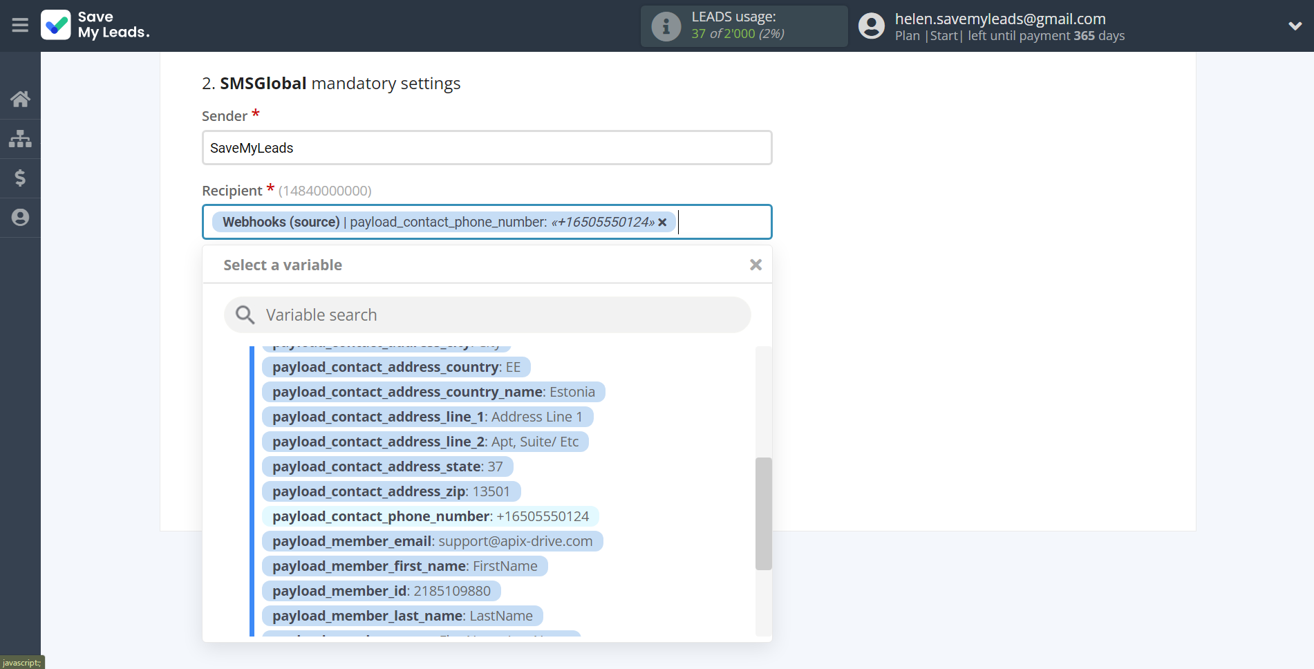 How to Connect Webhooks with SMSGlobal | Assigning fields