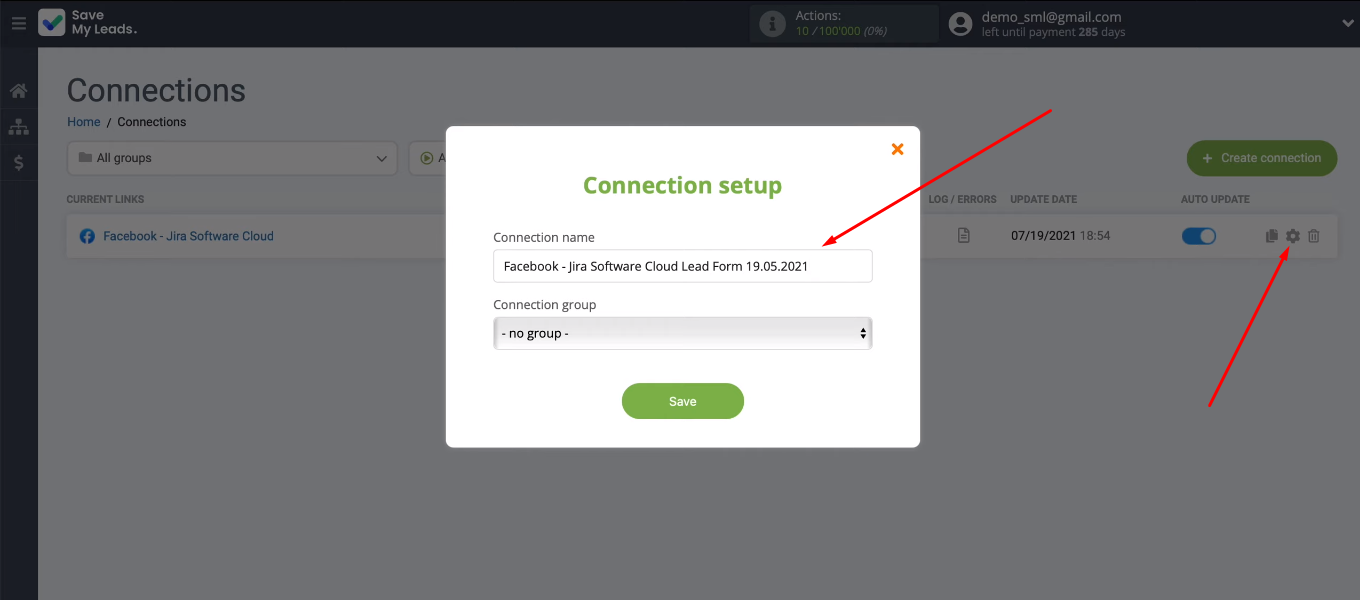 Facebook and Jira Software Cloud integration | Specify value in the “Connection name” field