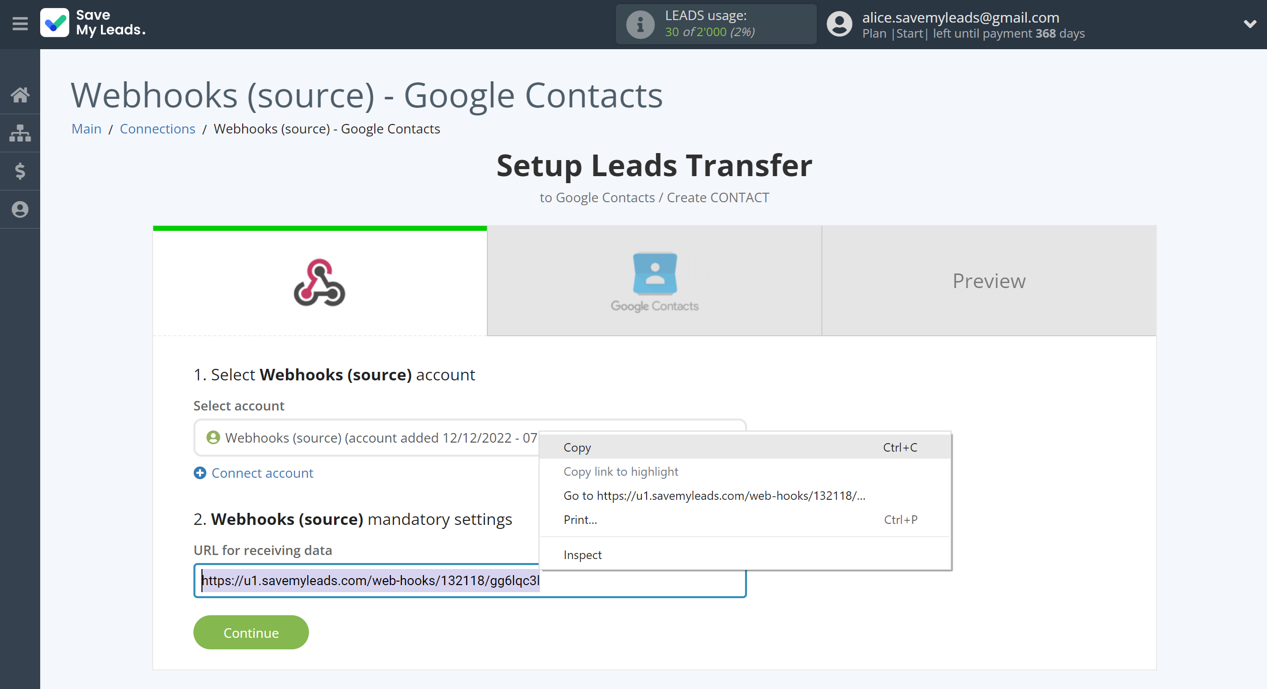 How to Connect Webhooks with Google Contacts | Data Source account connection