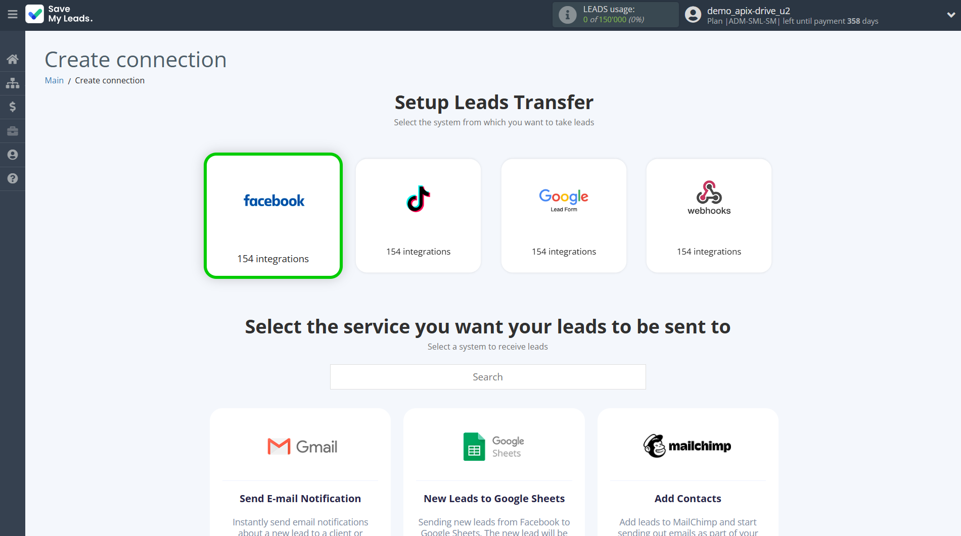 How to Connect Facebook with Corezoid | Data Source system selection