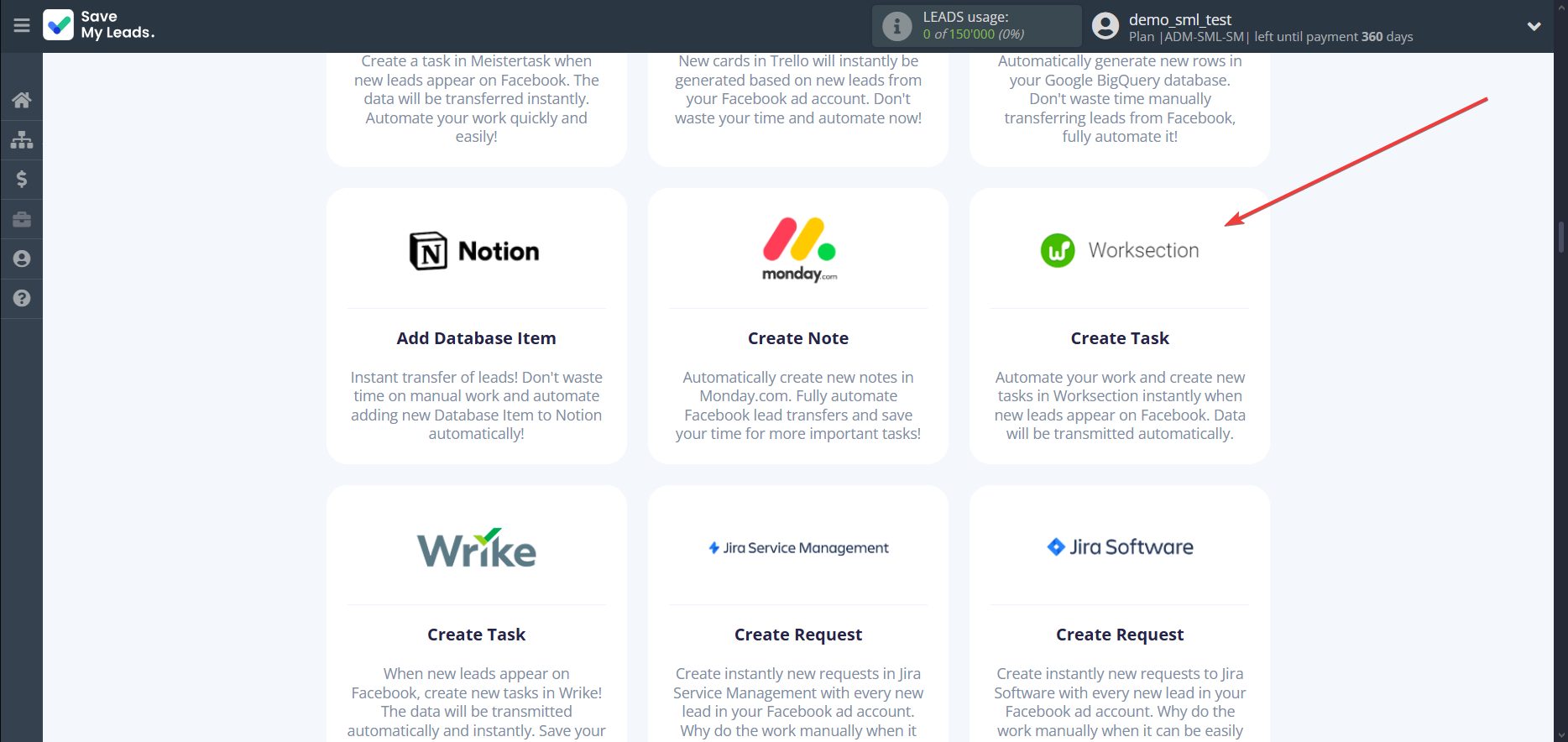 How to Connect Facebook with Worksection | Data Destination system selection
