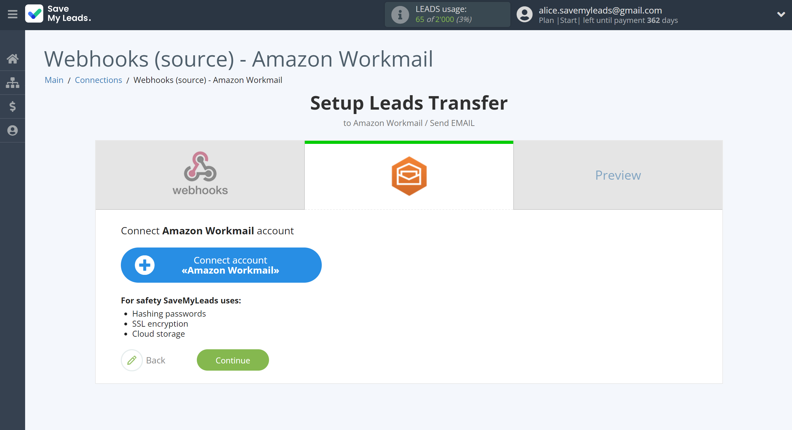 How to Connect Webhooks with Amazon Workmail | Data Destination account connection