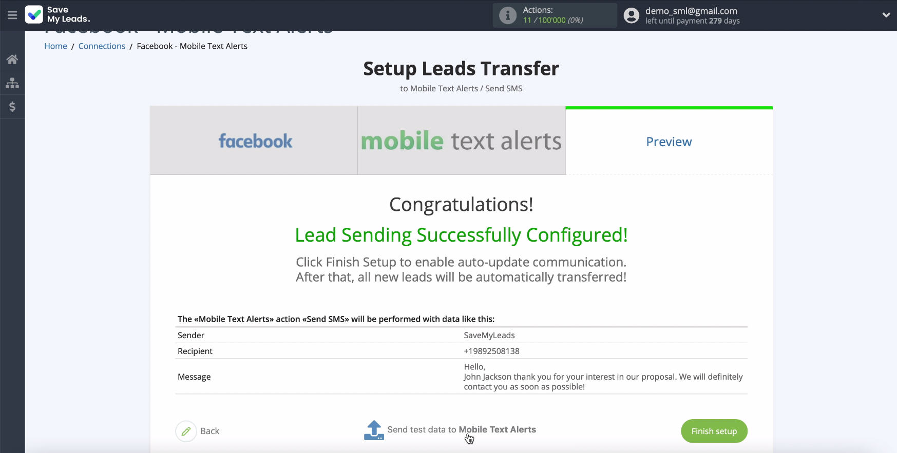 Facebook and Mobile Text Alerts integration | Sending test data
