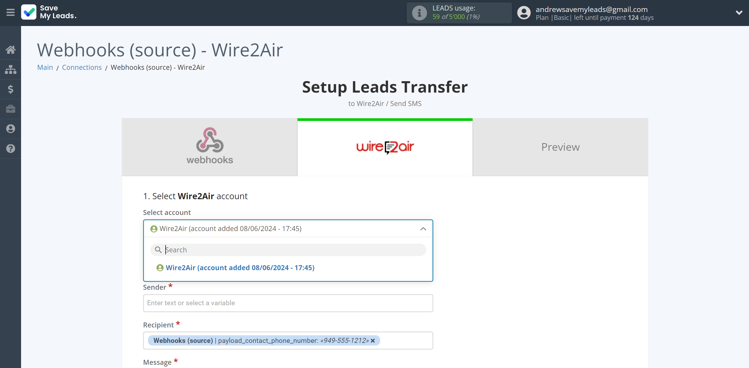 How to Connect Webhooks with Wire2Air | Data Destination account selection