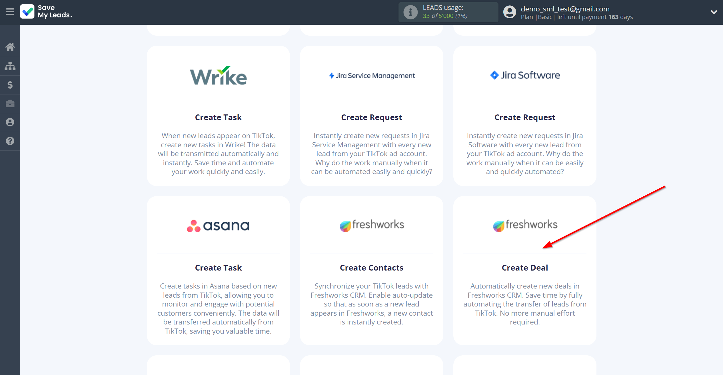 How to Connect TikTok with Freshworks Create Deal | Data Destination system selection