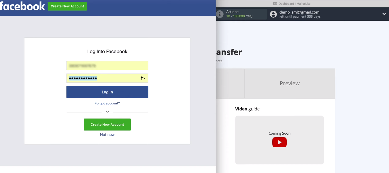 Facebook and MailerLite integration | Enter login and password