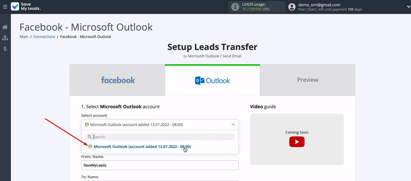 Facebook and Microsoft Outlook integration | Select the added Outlook account