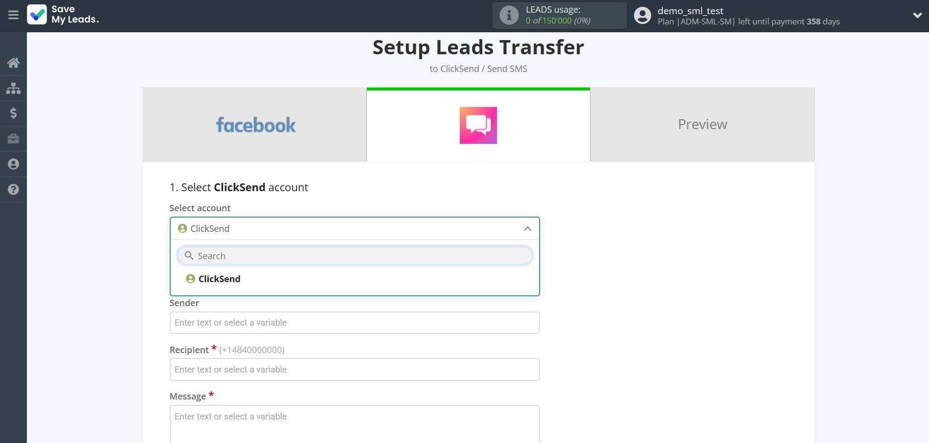 How to Connect FaceBook with ClickSend Send SMS | Data Destination account selection