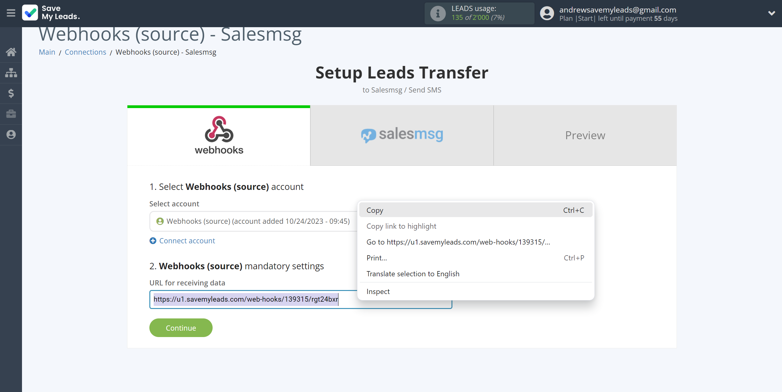 How to Connect Webhooks with Salesmsg | Data Source account connection