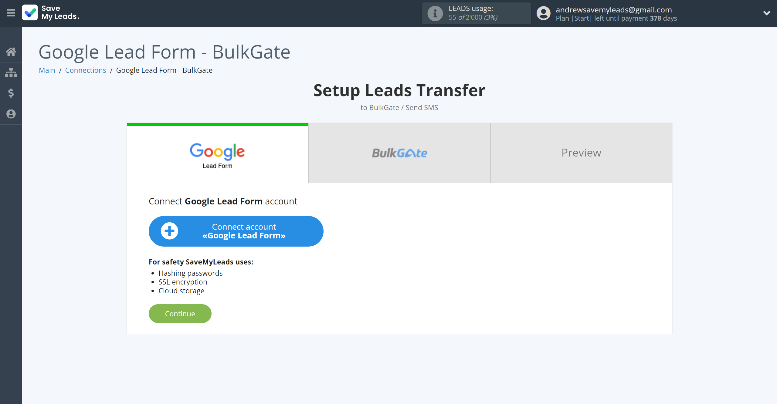 How to Connect Google Lead Form with BulkGate | Data Source account connection