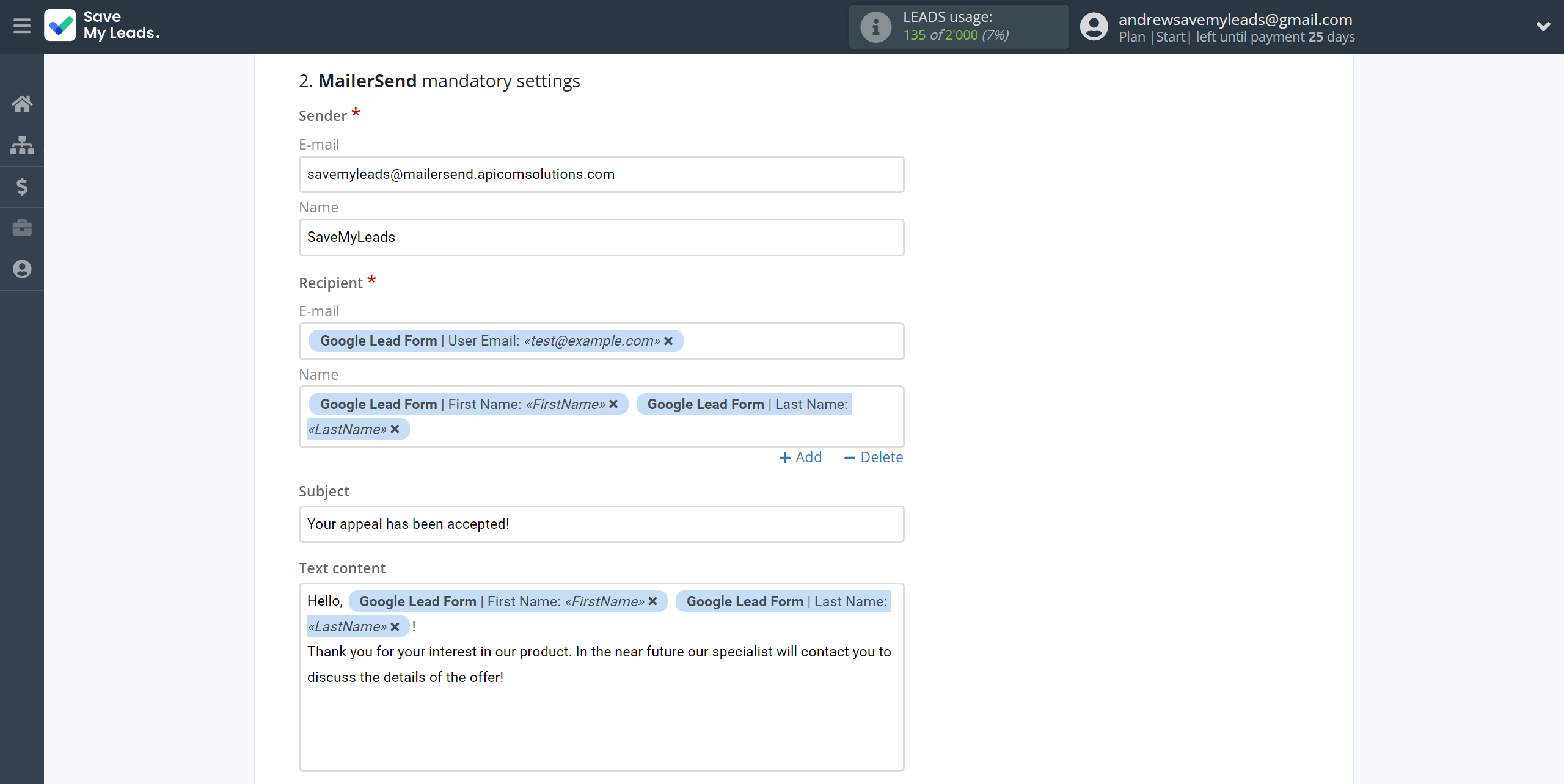 How to Connect Google Lead Form with MailerSend Send Email | Assigning fields