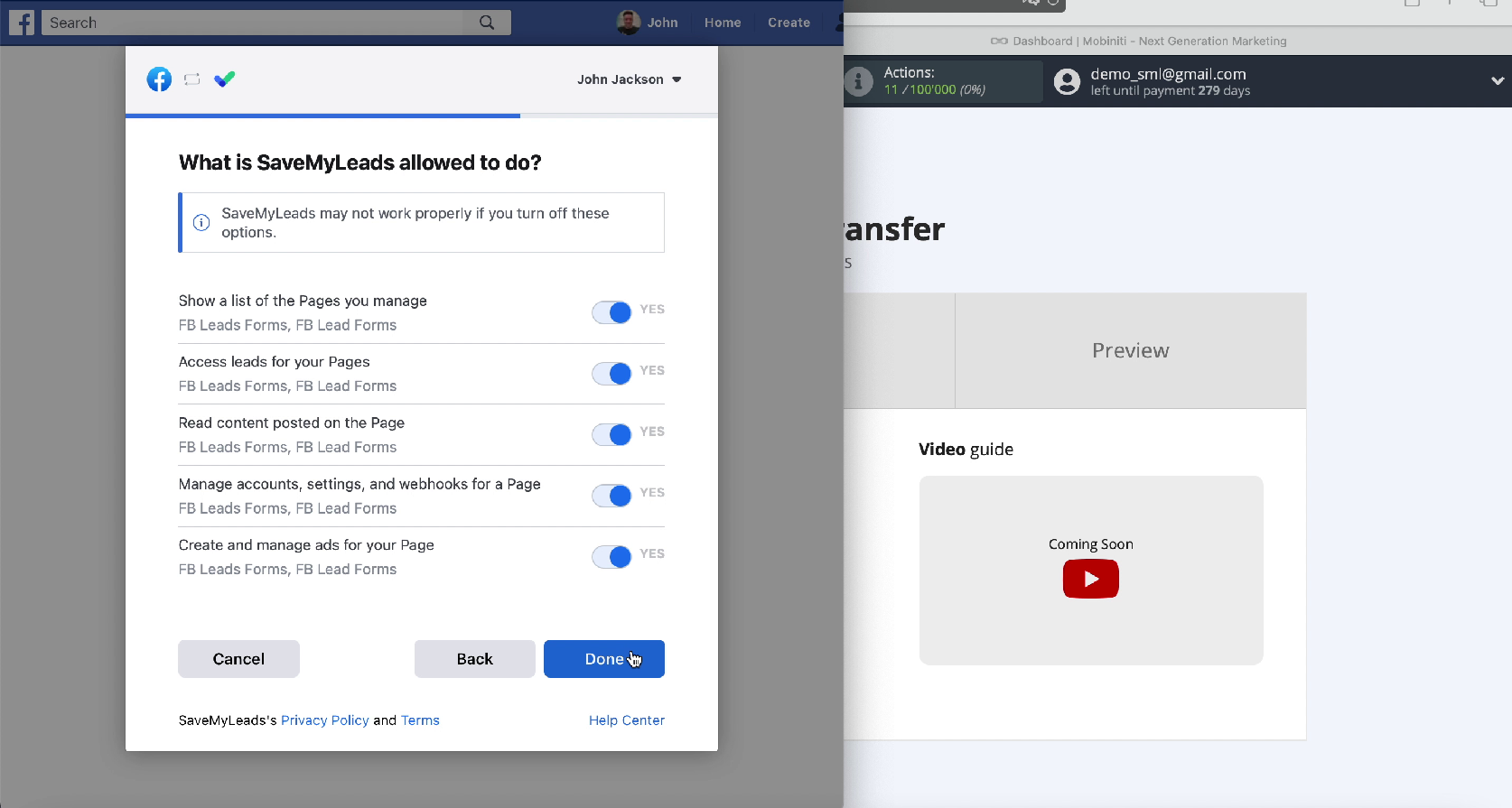 How to Send SMS via Mobiniti from New Facebook Leads | Do not uncheck access boxes