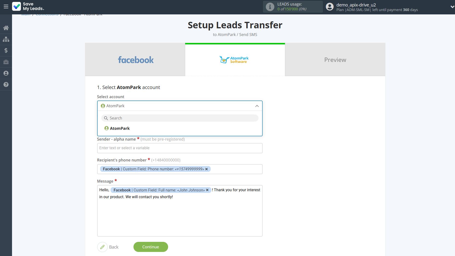 How to Connect Facebook with AtomPark | Data Destination account selection