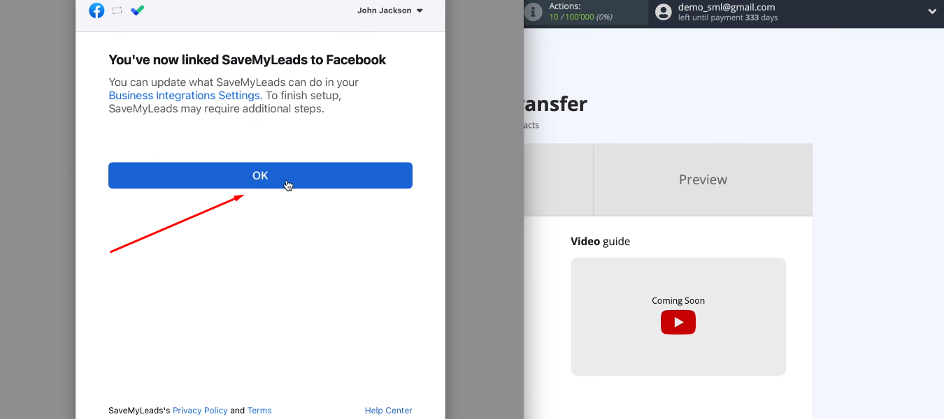 Facebook and MailerLite integration | Press "OK" button Facebook and MailerLite integration | Press "OK" button