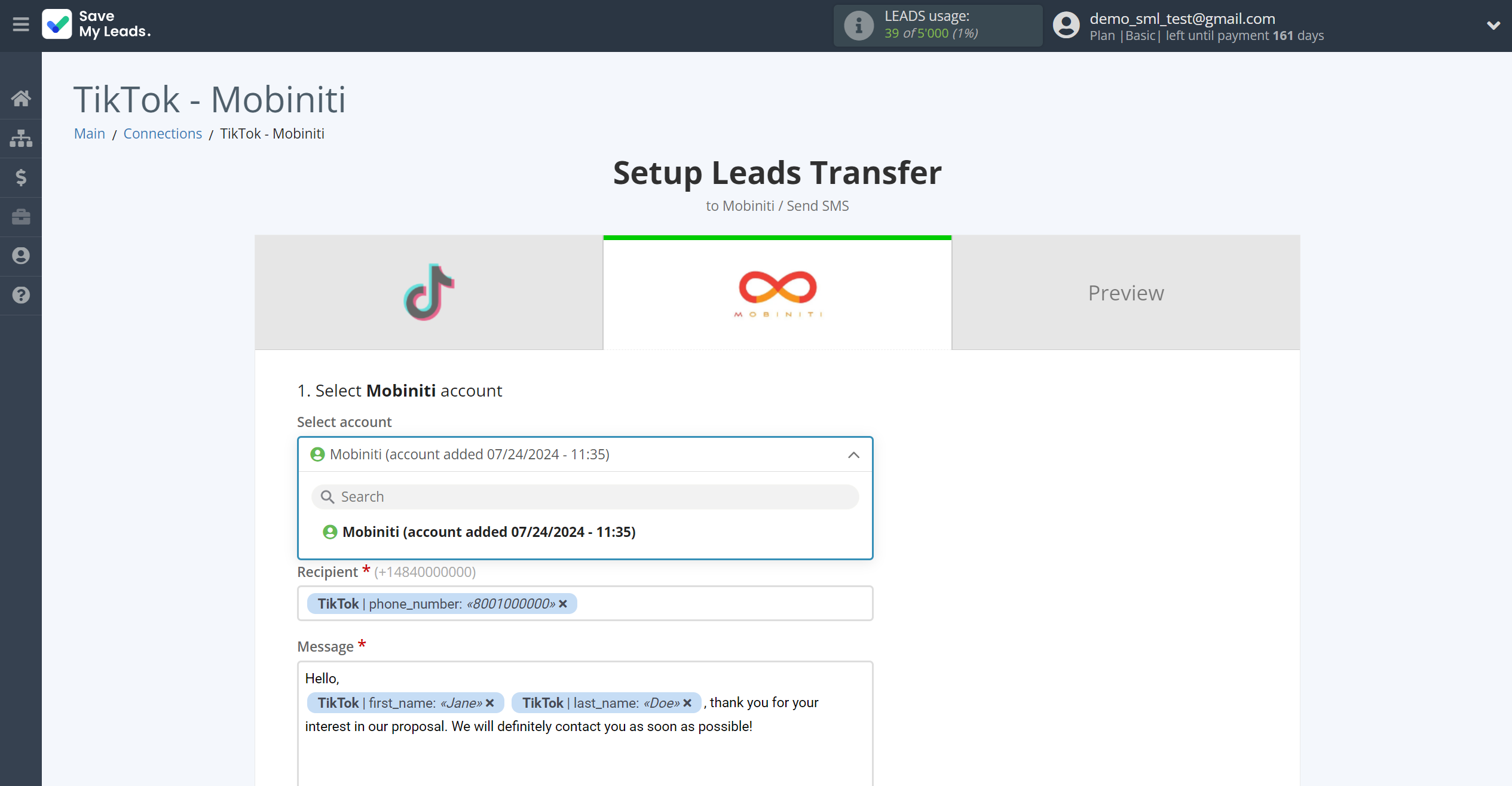 How to Connect TikTok with Mobiniti | Data Destination account selection