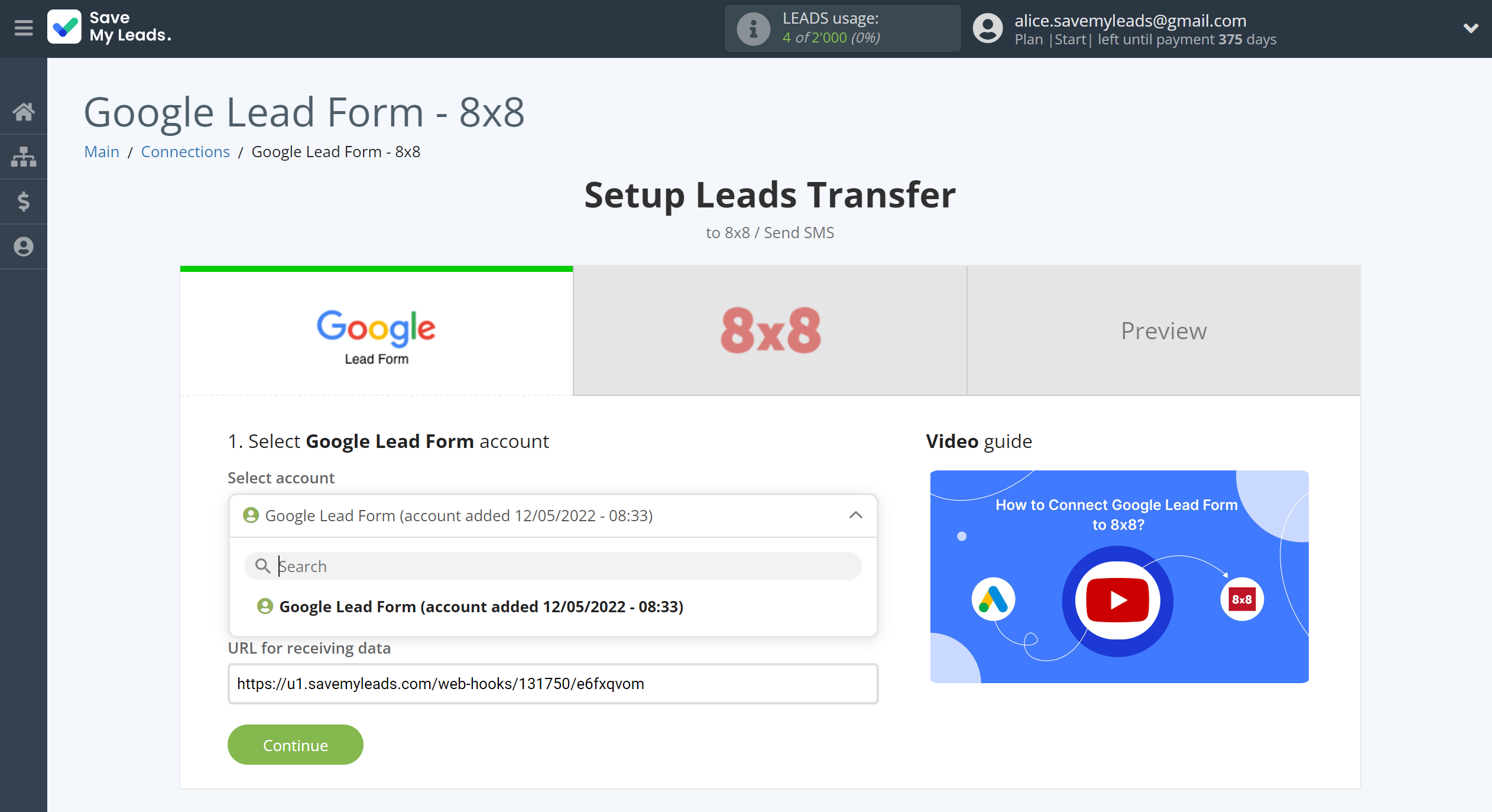 How to Connect Google Lead Form with 8x8 | Data Source account selection