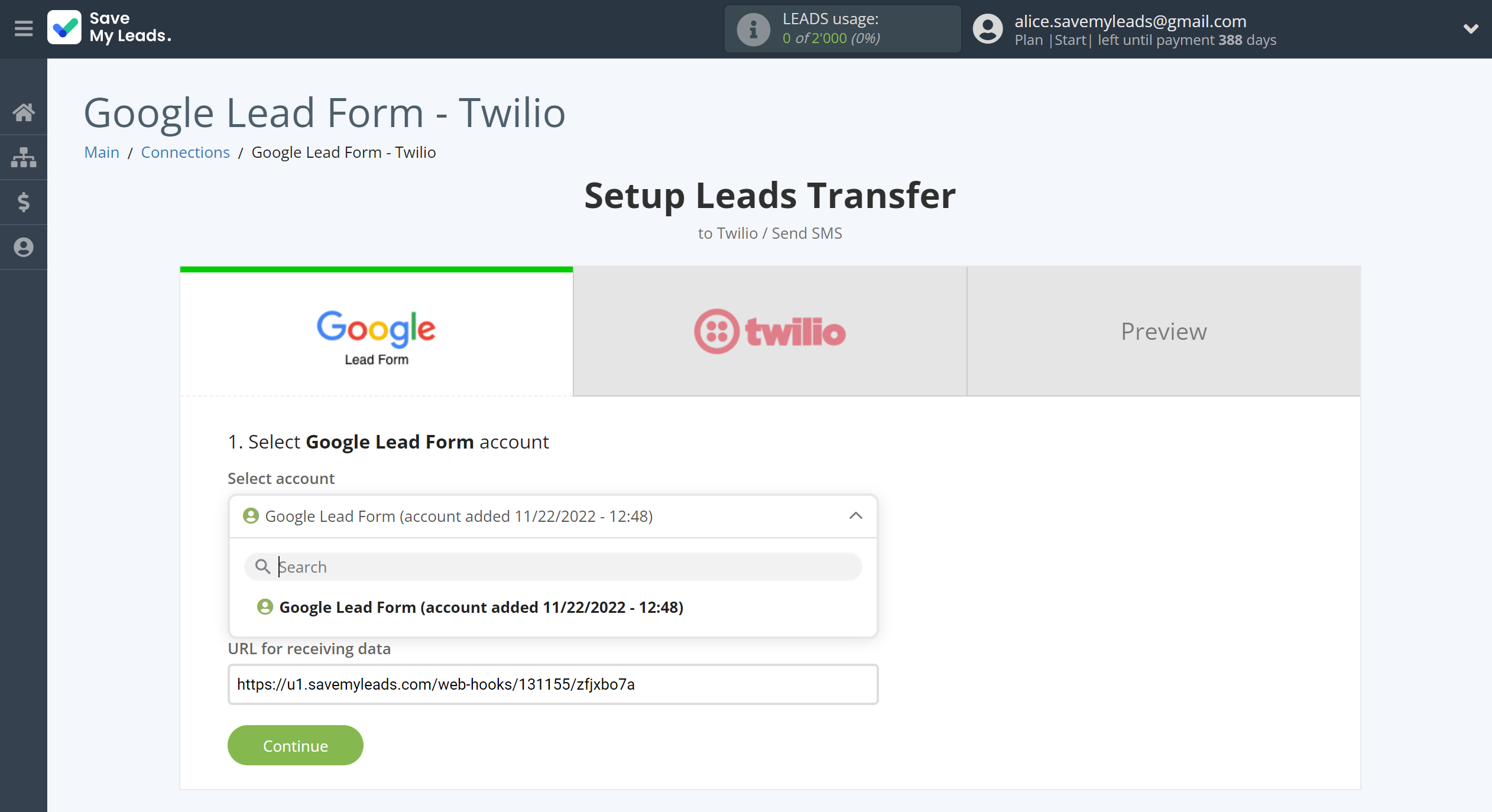 How to Connect Google Lead Form with Twilio | Data Source account selection