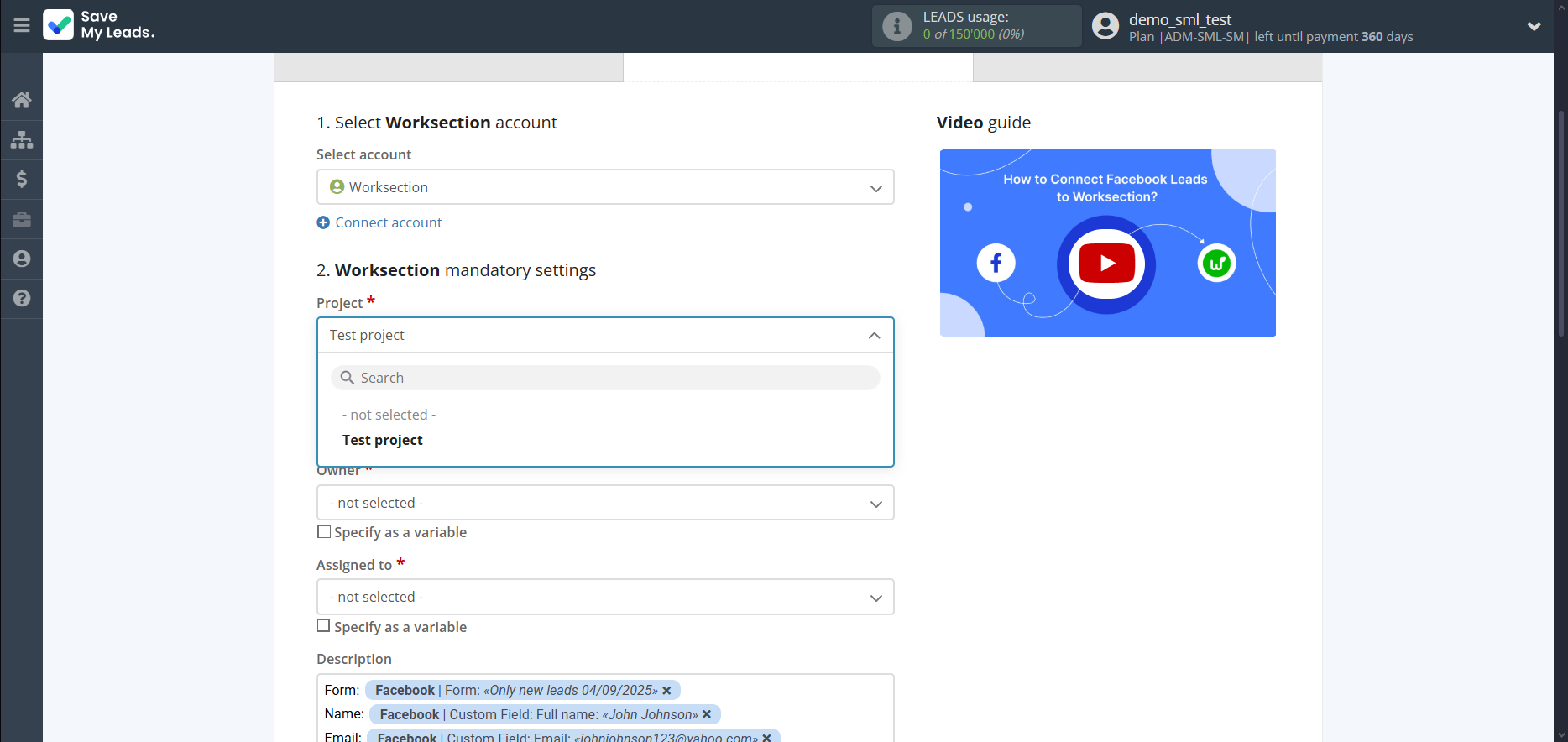 How to Connect Facebook with Worksection | Assigning fields