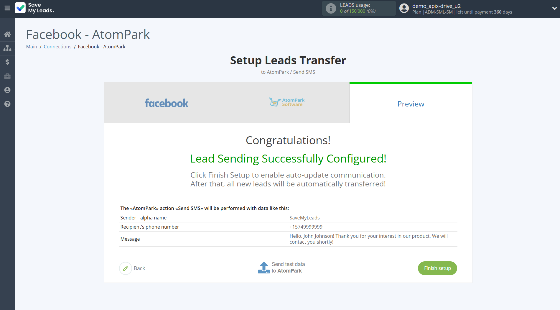 How to Connect Facebook with AtomPark | Test data