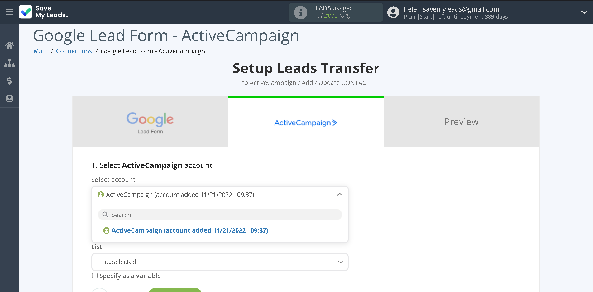 How to Connect Google Lead Form with ActiveCampaign Create Contacts | Data Destination account selection