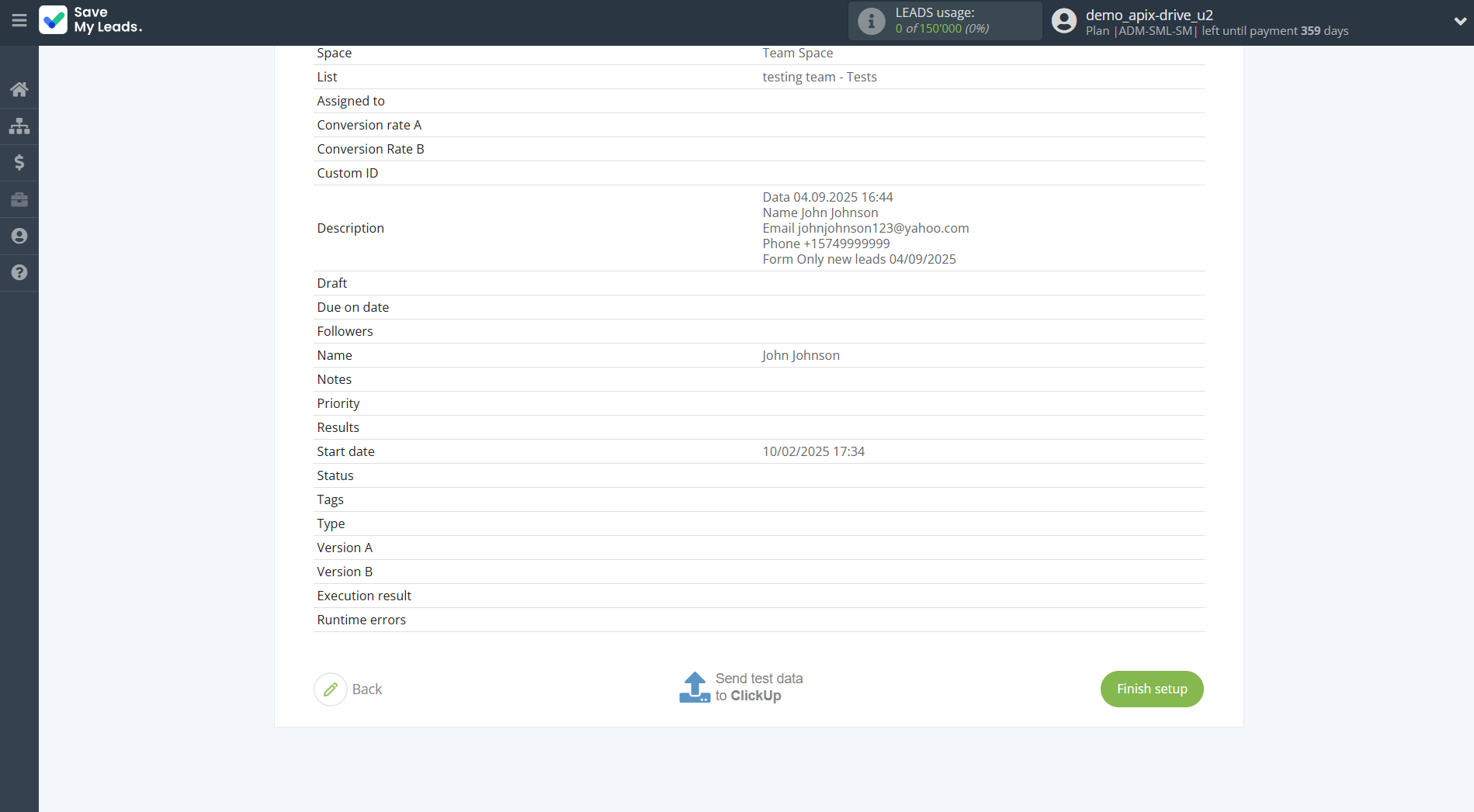 How to Connect Facebook with ClickUp | Test data