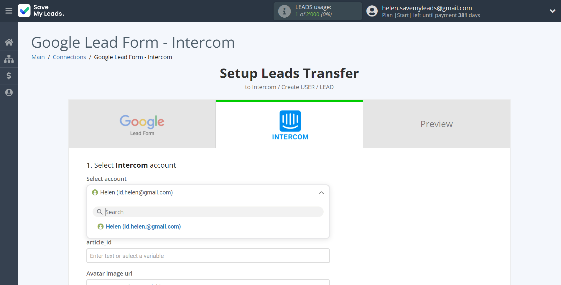 How to Connect Google Lead Form with Intercom | Data Destination account selection