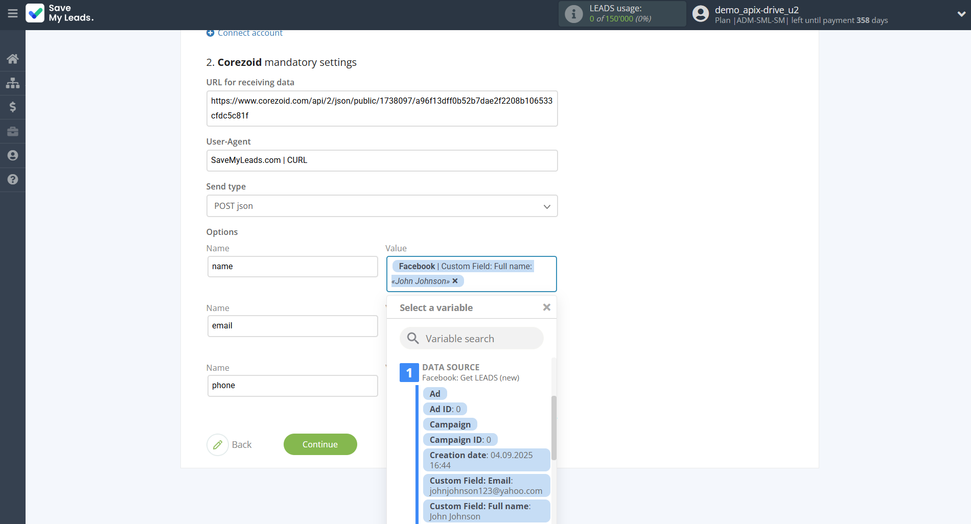 How to Connect Facebook with Corezoid | Assigning fields