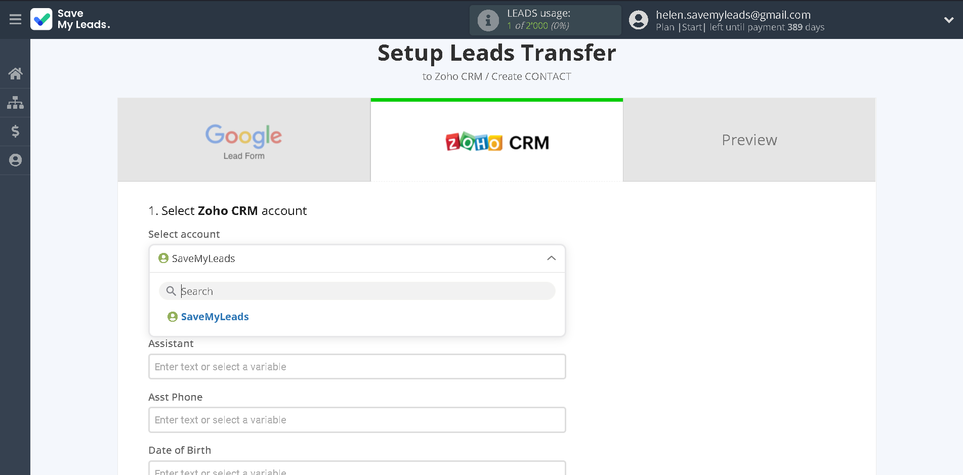 How to Connect Google Lead Form with Zoho CRM Create Contacts | Data Destination account selection