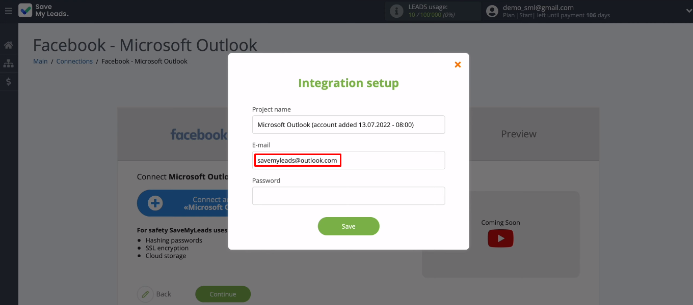 Facebook and Microsoft Outlook integration | Specify the mailbox