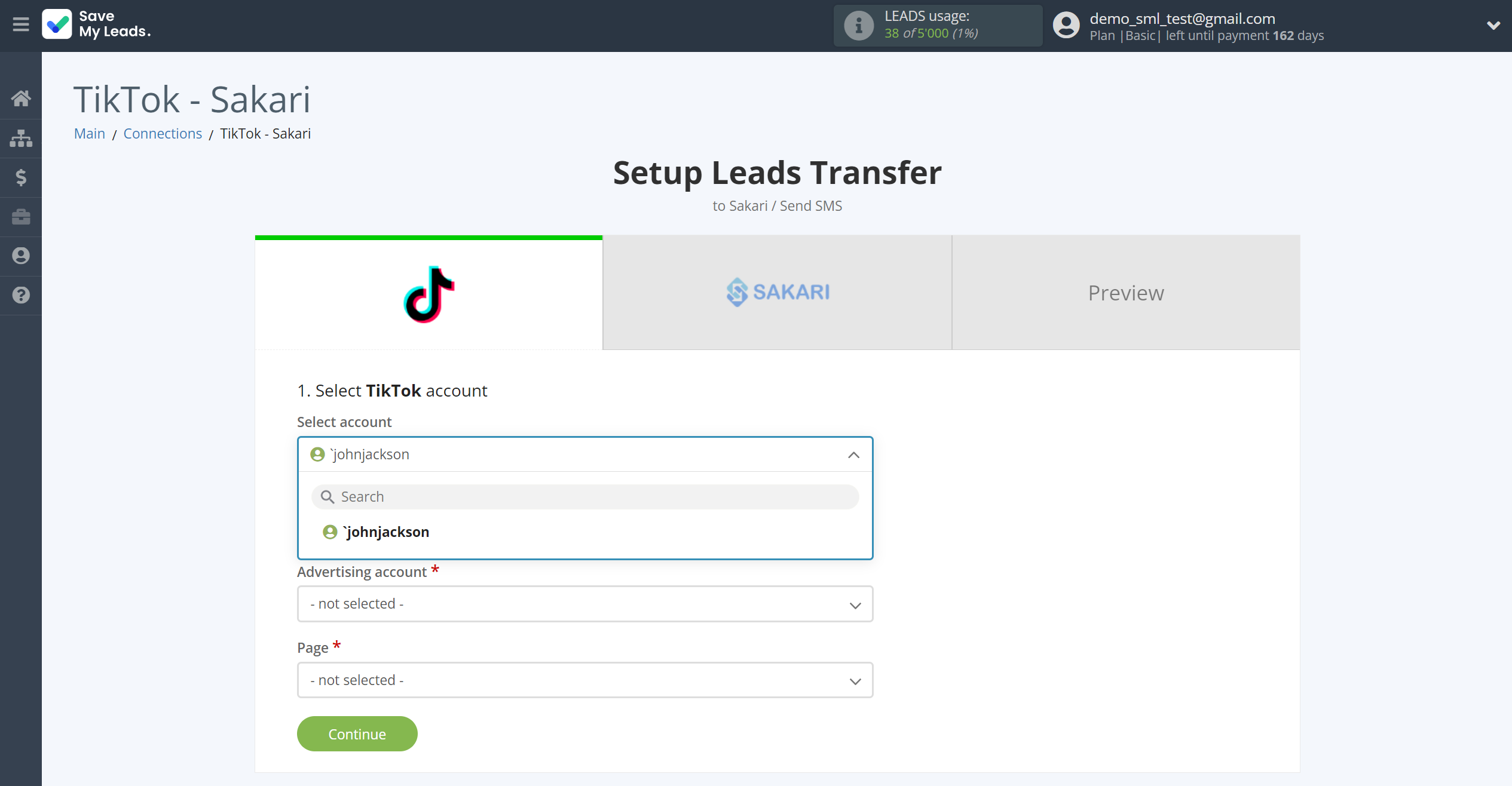 How to Connect TikTok with Sakari | Data Source account selection