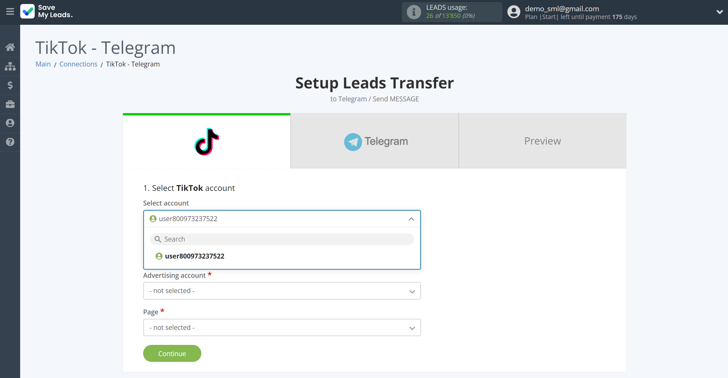 How to Connect TikTok with Telegram | Data Source account selection