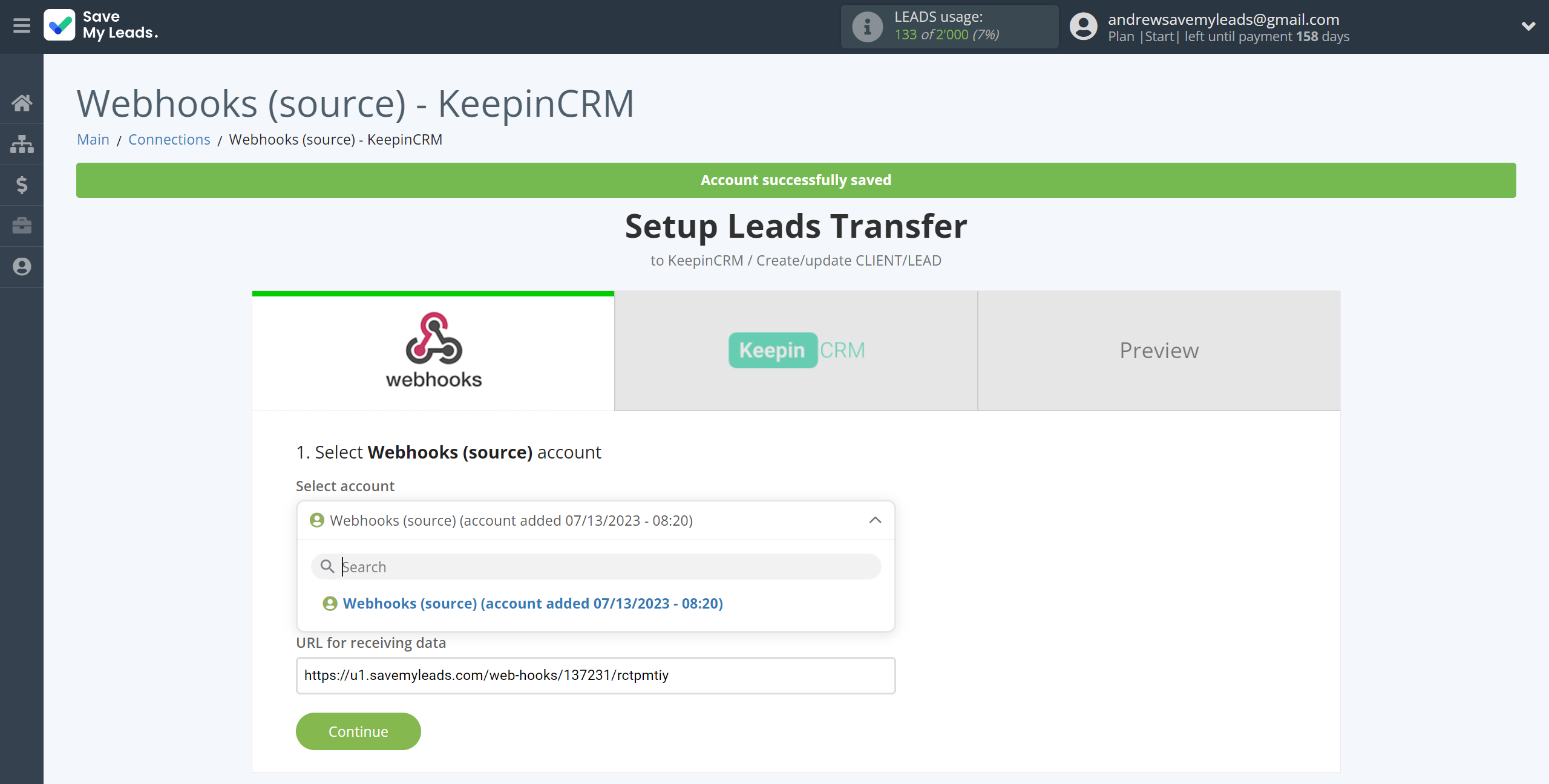 How to Connect Webhooks with KeepinCRM Create/update Client/Lead | Data Source account selection